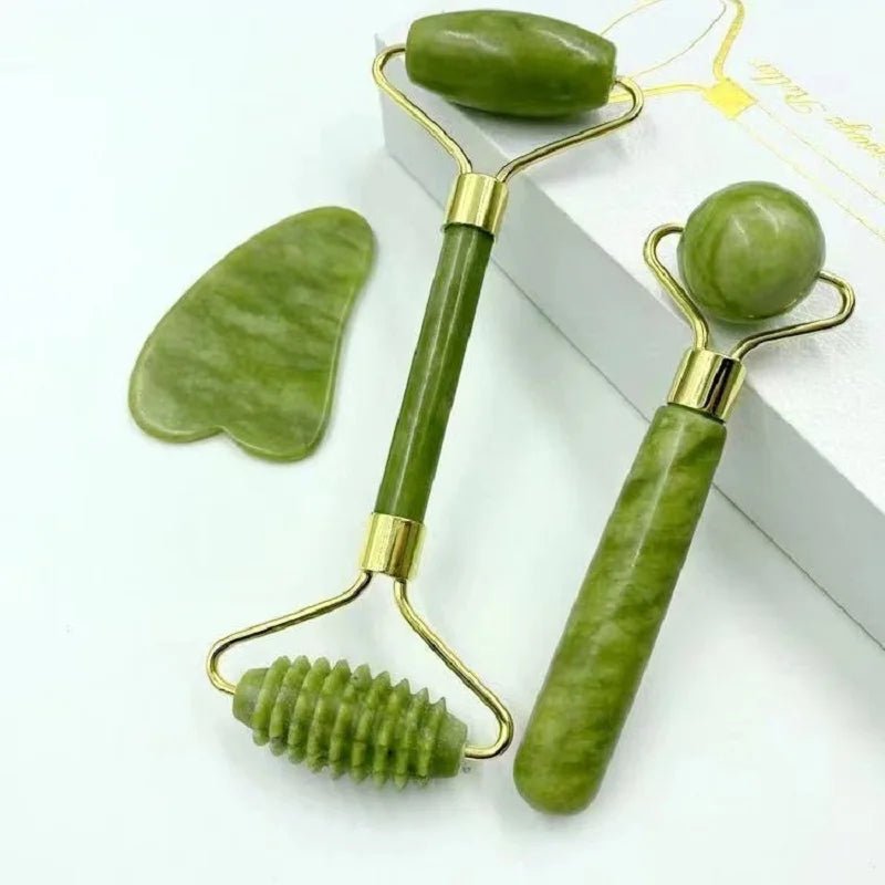 “3 - in - 1 Jade Glow Sculpting Set – Gua Sha, Roller & Stone" - Auracel