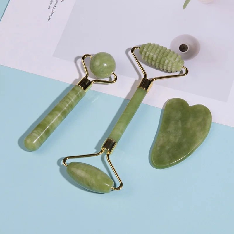 “3 - in - 1 Jade Glow Sculpting Set – Gua Sha, Roller & Stone" - Auracel