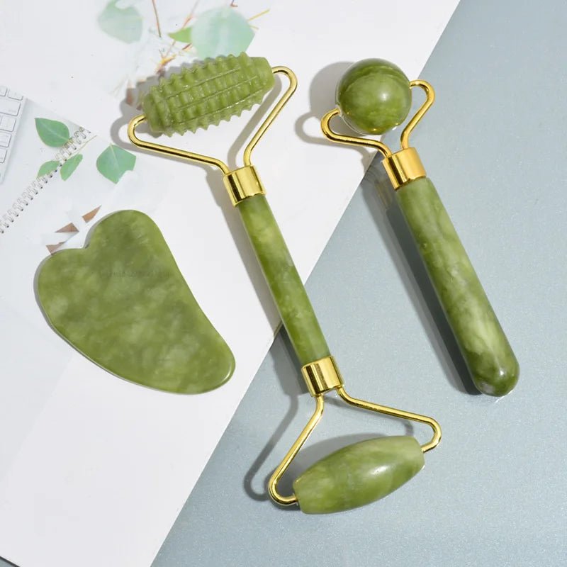 “3 - in - 1 Jade Glow Sculpting Set – Gua Sha, Roller & Stone" - Auracel