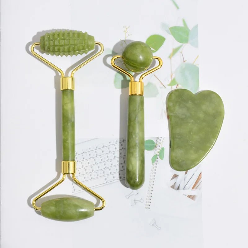 “3 - in - 1 Jade Glow Sculpting Set – Gua Sha, Roller & Stone" - Auracel